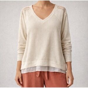 Lucky Brand XL Sheer Layered Knit Sweater Metallic Gold Beige V Neck Boho Tunic